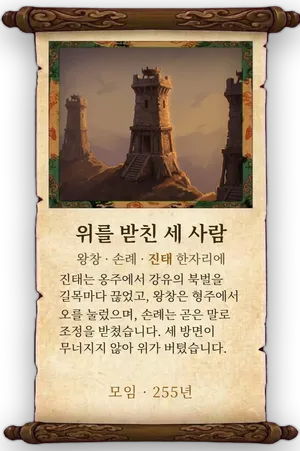 고사 위를 받친 세 사람 카드